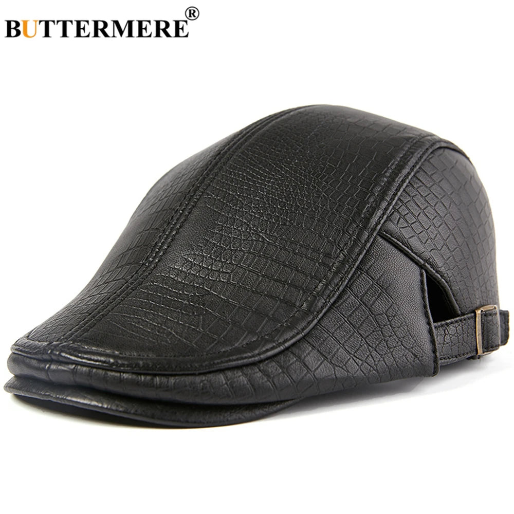 BUTTERMERE Men Beret Hat Real Leather Flat Cap Sheepskin Autumn Winter Male Brown Adjustable High Quality  Mens Beret Caps