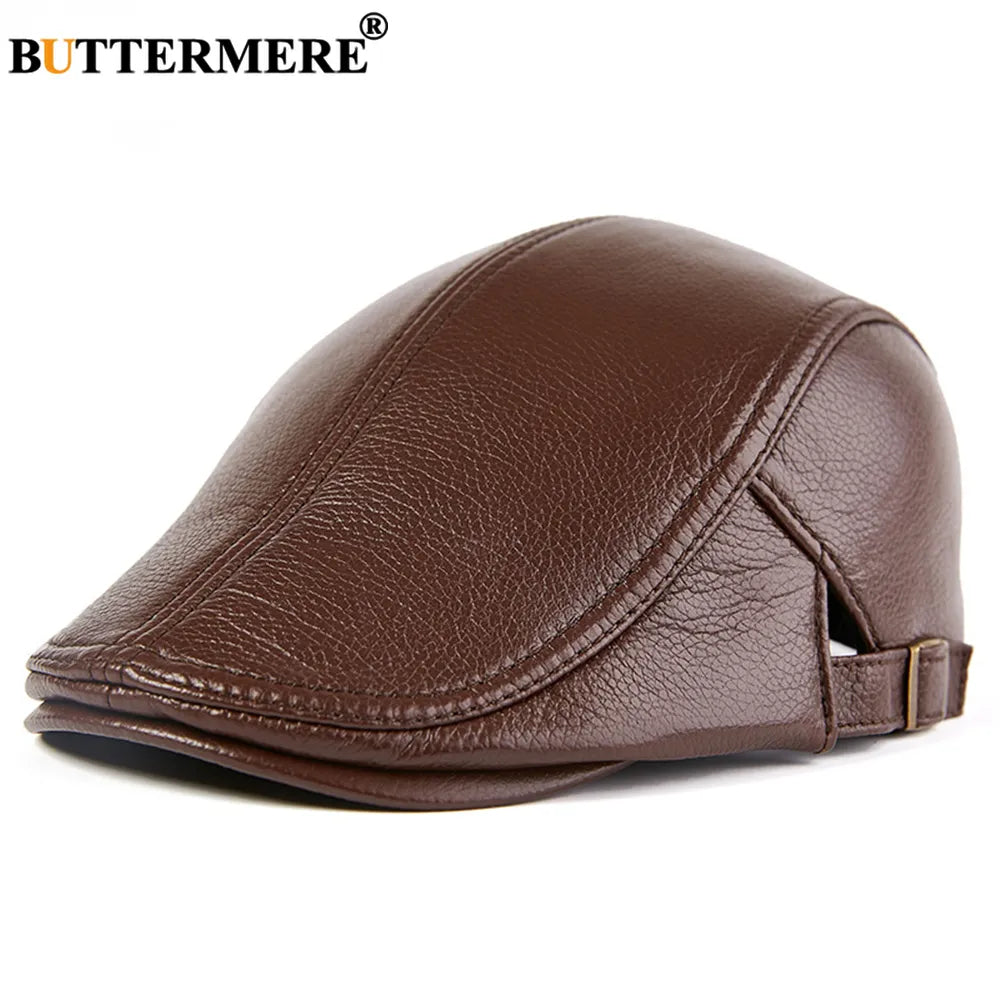 BUTTERMERE Men Beret Hat Real Leather Flat Cap Sheepskin Autumn Winter Male Brown Adjustable High Quality  Mens Beret Caps
