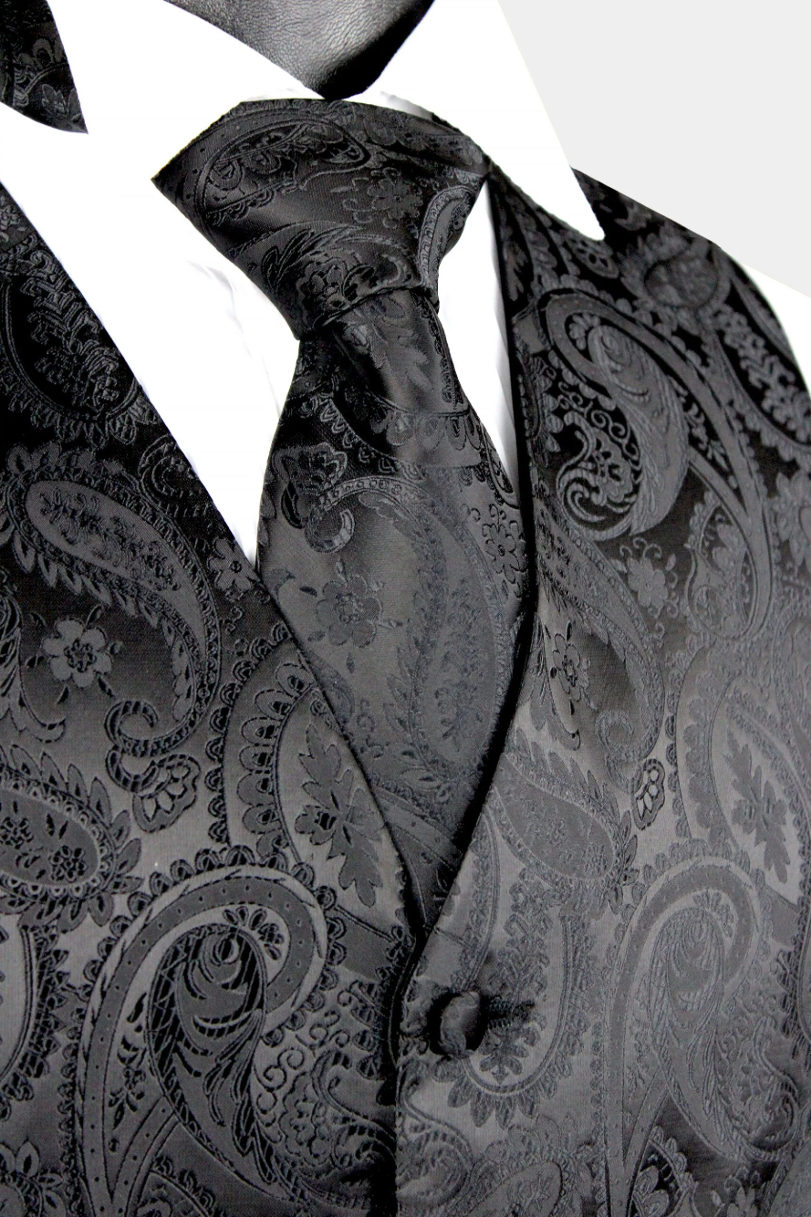 Ferrecci Mens Black Paisley Wedding Prom Grad Choir Band 4pc Vest Set