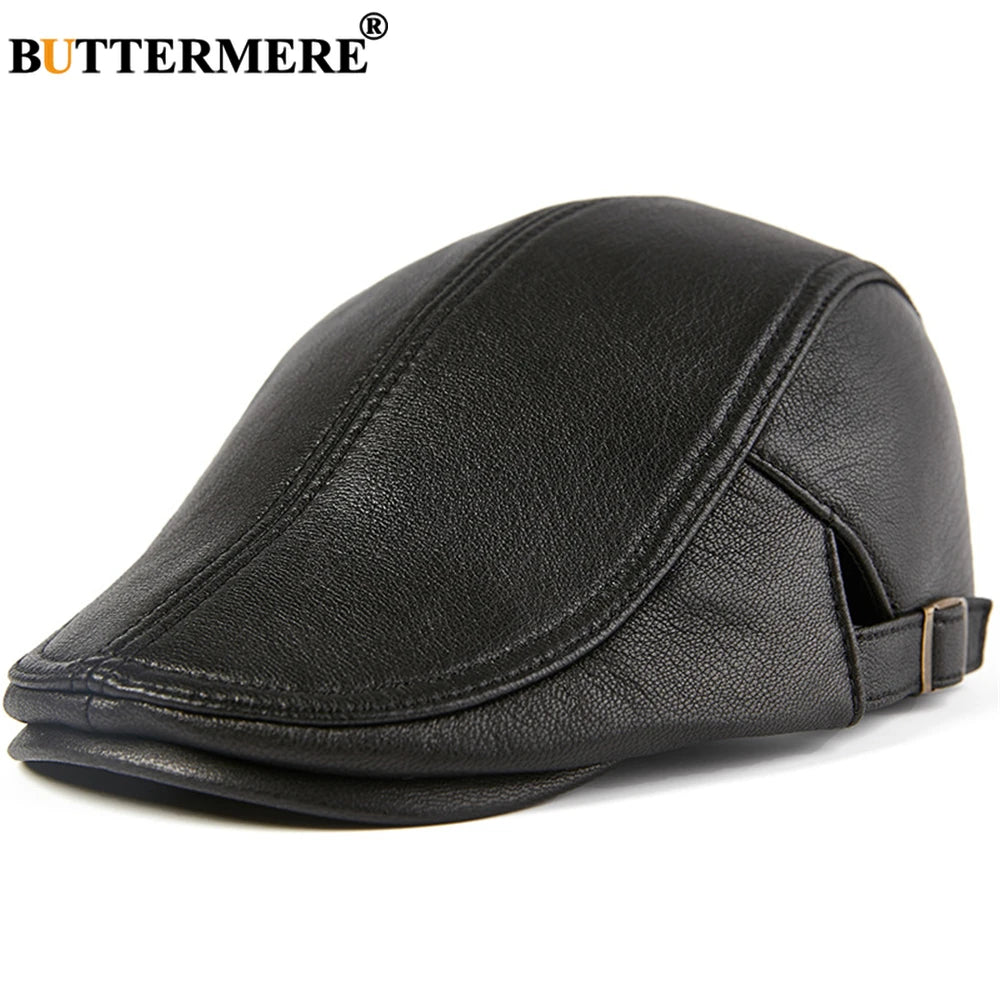BUTTERMERE Men Beret Hat Real Leather Flat Cap Sheepskin Autumn Winter Male Brown Adjustable High Quality  Mens Beret Caps
