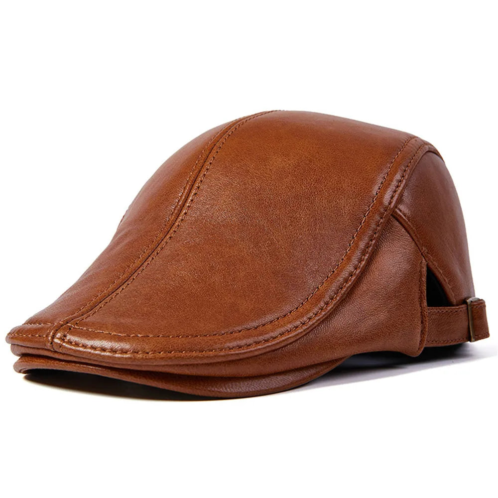 BUTTERMERE Men Beret Hat Real Leather Flat Cap Sheepskin Autumn Winter Male Brown Adjustable High Quality  Mens Beret Caps