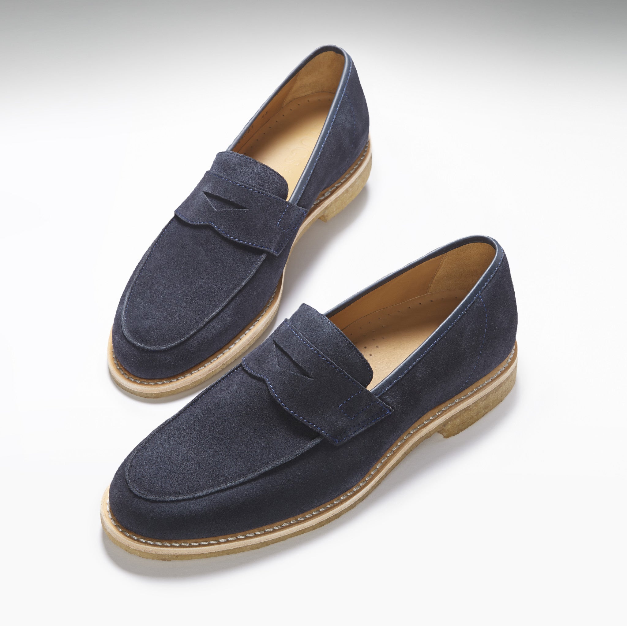 Blue Suede Loafers, Crepe Rubber Welted Sole